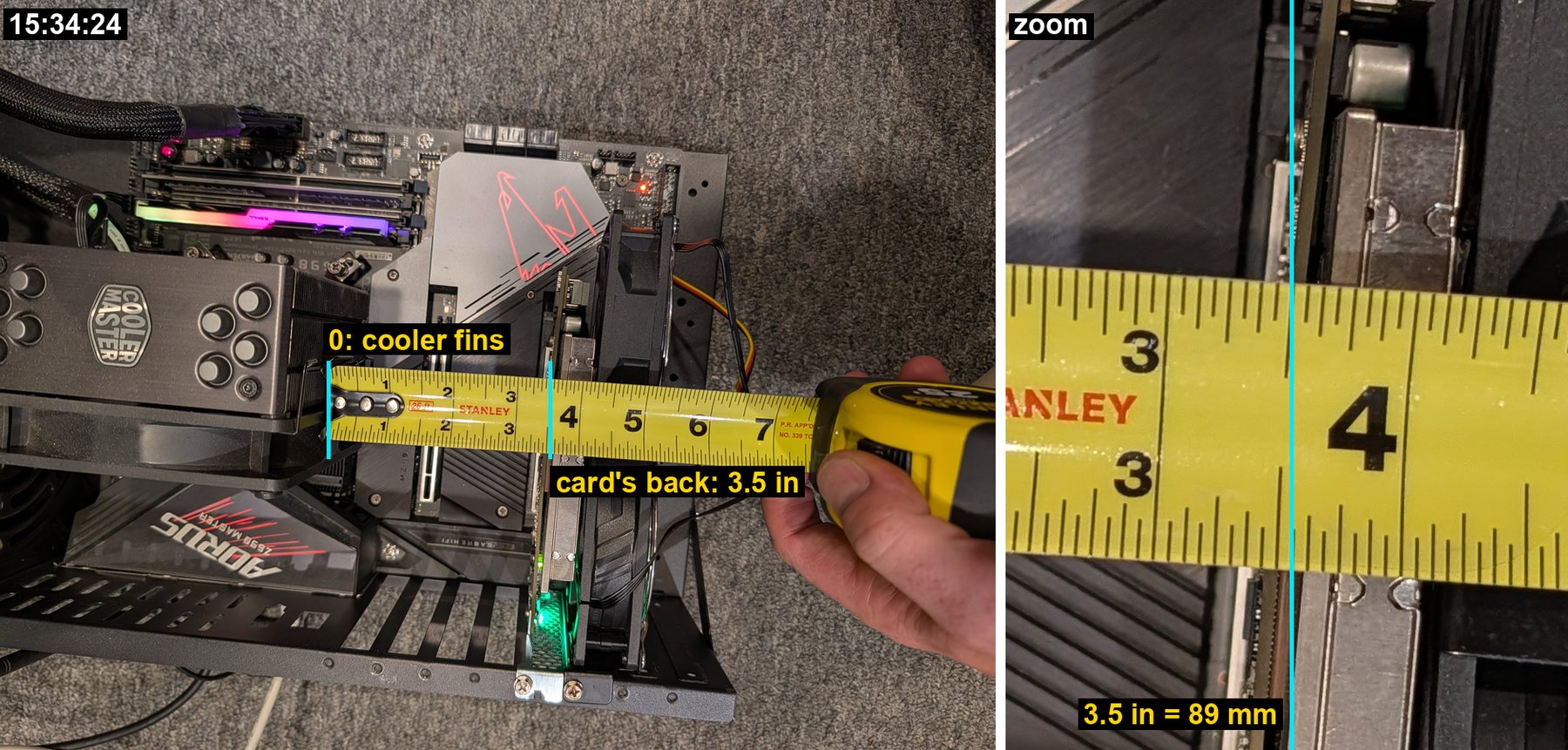 Top view of aifoundry2: a measuring blade hooked on the CPU cooler's fins runs across the empty PCIe slot to the ET card; the card's board crosses the blade at 3.5 inches.