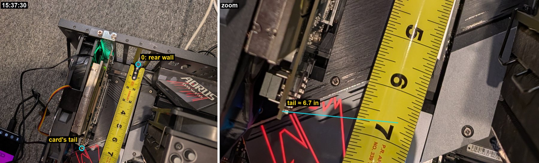 Top view along the ET card: a measure hooked on the frame's rear wall beside the card's bracket; the card's tail end lines up with about 6.7 inches.