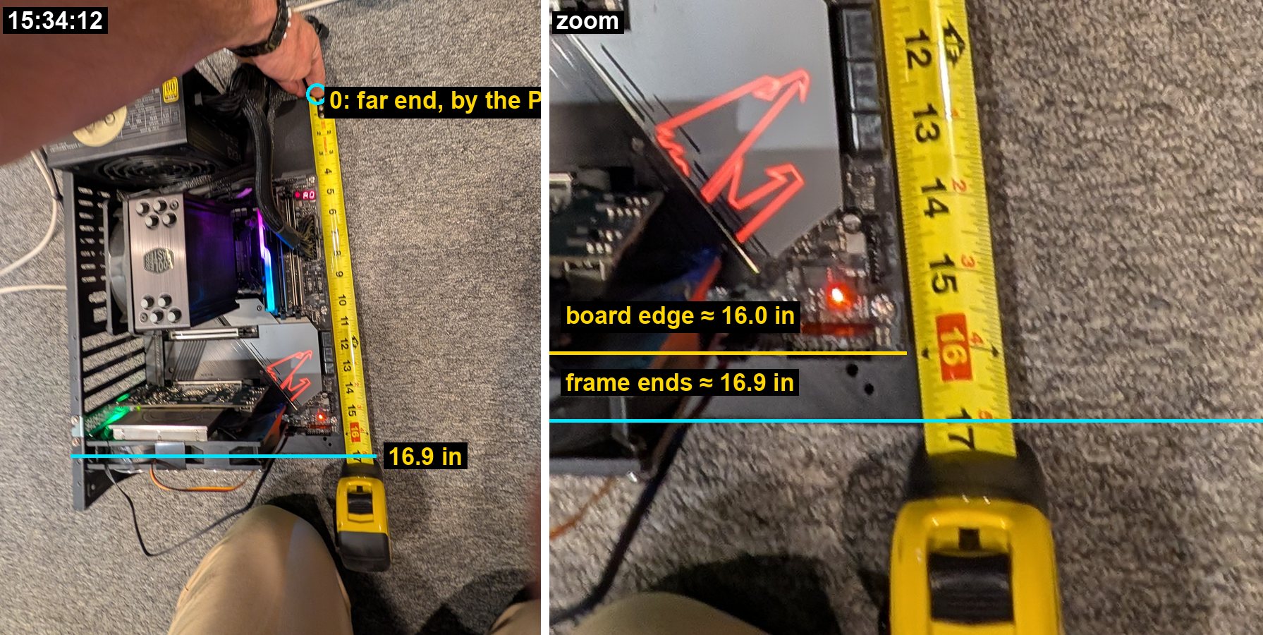 Ultrawide top view of the whole open frame with a measure along its side, from the power-supply end to the slot end at 16.9 inches.