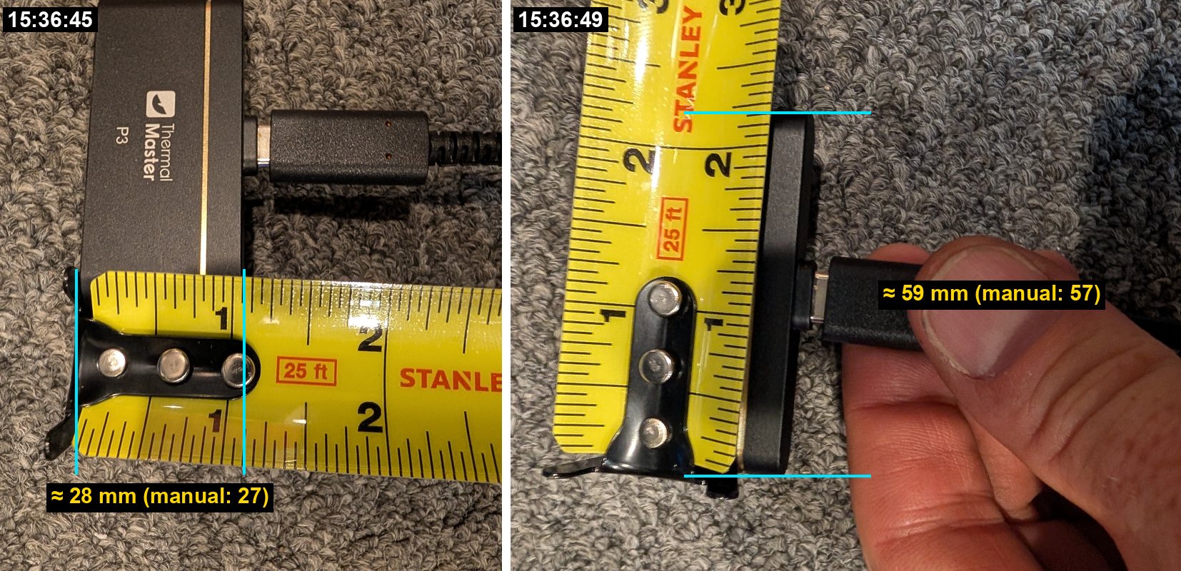 The Thermal Master P3 on the carpet against the measure: about 28 millimetres wide and 59 millimetres long.